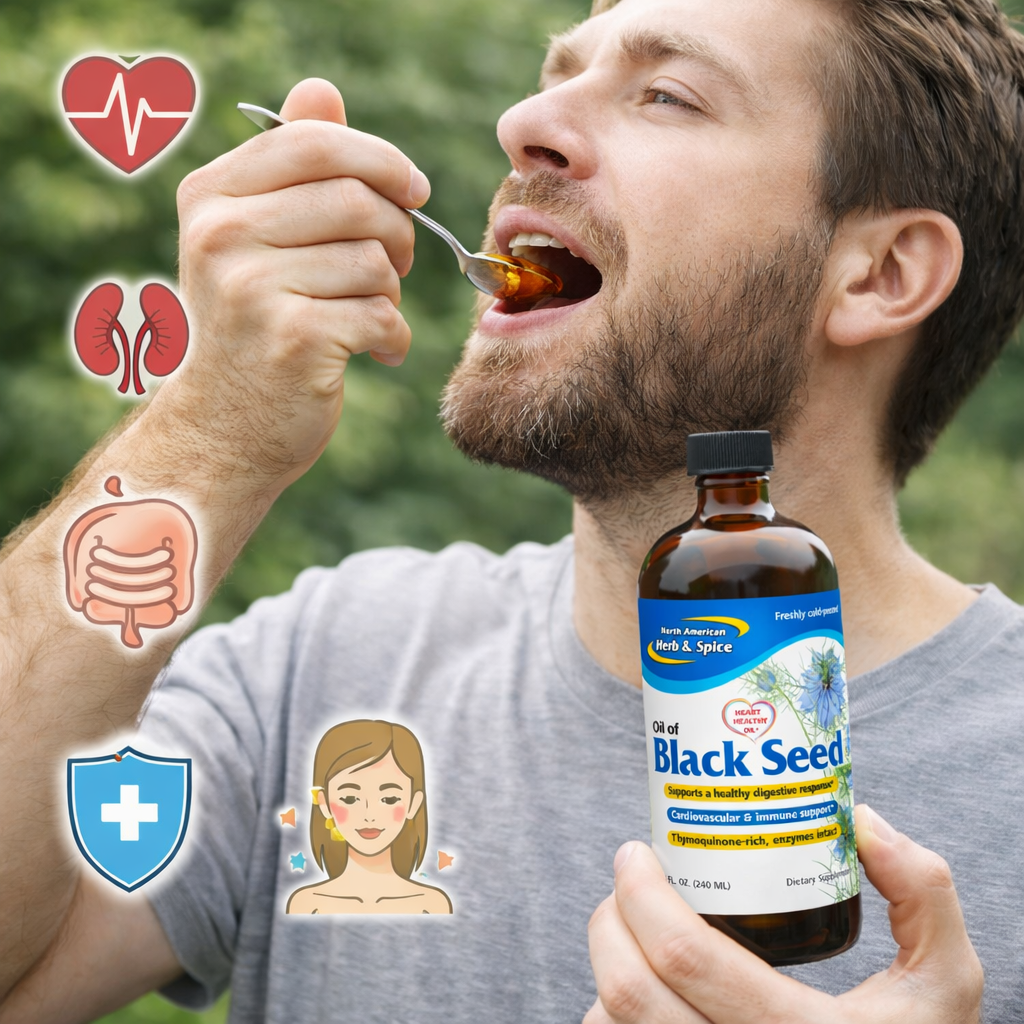 Man taking black seed oil from a spoon while holding the bottle, with wellness icons around him.